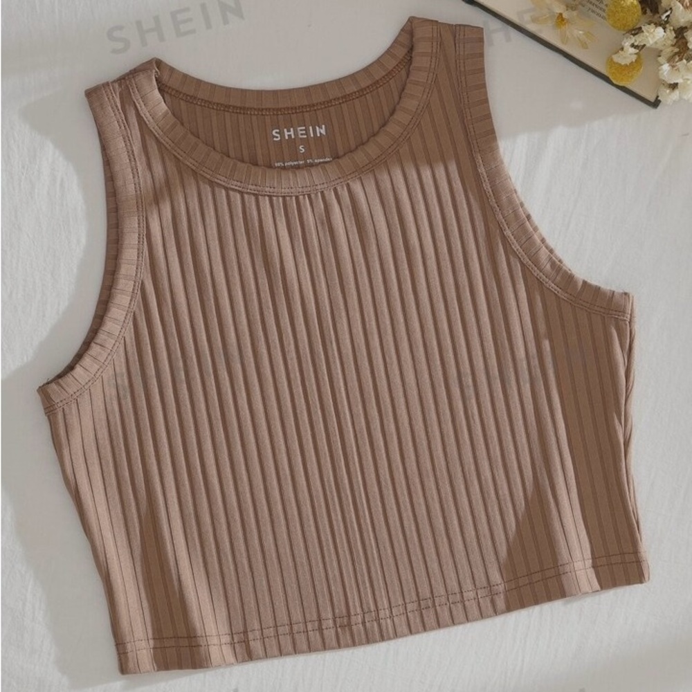 SHEIN EZwear Mocha Brown Solid Ribbed Crop Tank Top